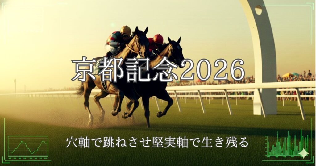 京都記念2026の予想アイキャッチ画像。出走馬が激走する様子とレースロゴ。