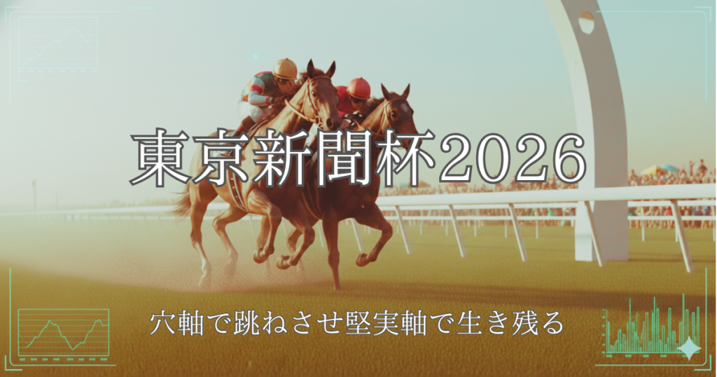 東京新聞杯2026の予想アイキャッチ画像。東京芝1600mのコースを背景に「穴軸で跳ねさせ堅実軸で生き残る」